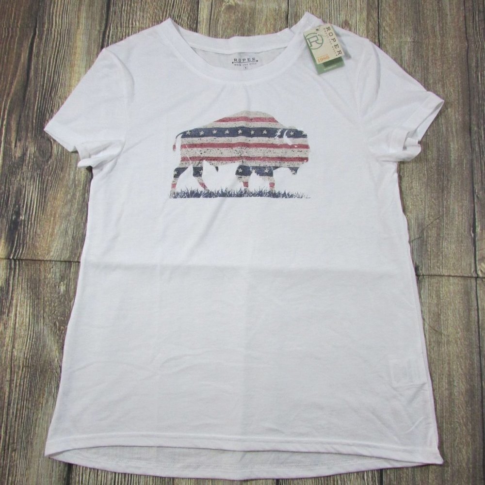 Roper Women's Short Sleeve American Patriotic Buffalo T-Shirt - White